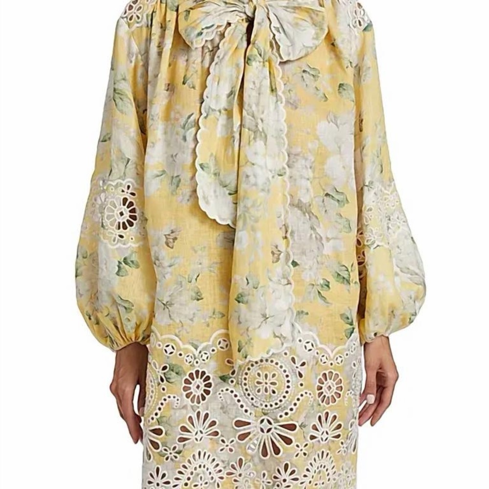 Zimmermann Yellow Floral Mini Dress with White Lace Trim